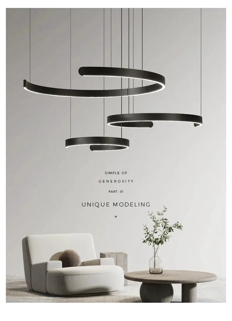 Simples Market modern ring pendant chandelier with four black LED circular fixtures