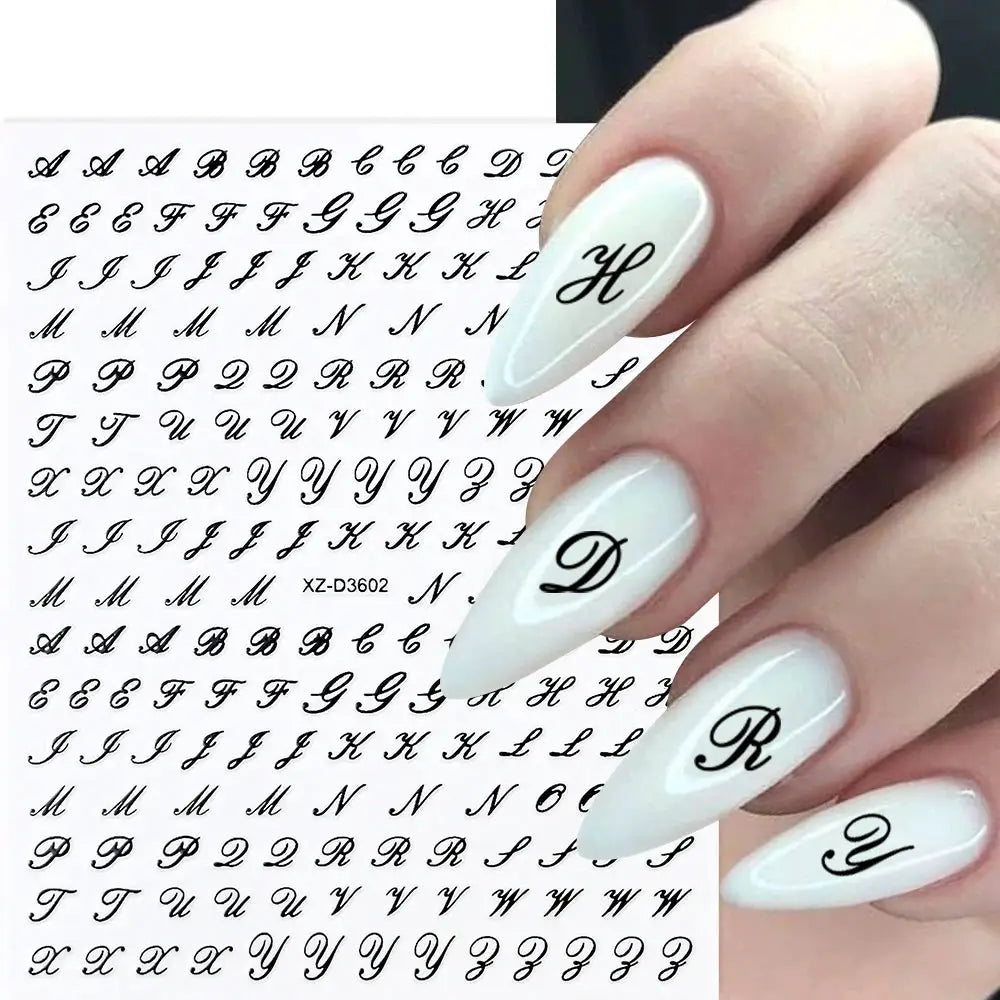 1pc 3D Roman Letter Nail Stickers sheet; black script alphabet self-adhesive decals by Simples Market