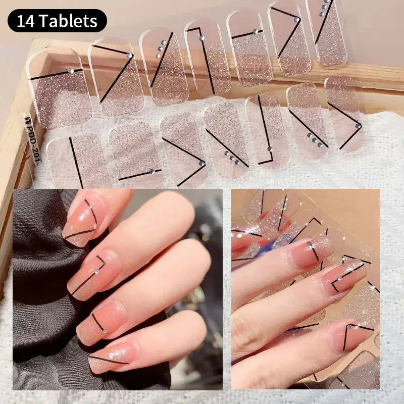 Simples Market full-cover nail stickers in rose-pink glitter with black geometric lines, self-adhesive, 14 tablets.