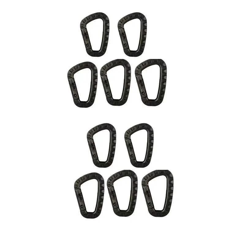 Black tactical carabiner clips set for outdoor use; rugged D-ring buckles for backpacks and keys