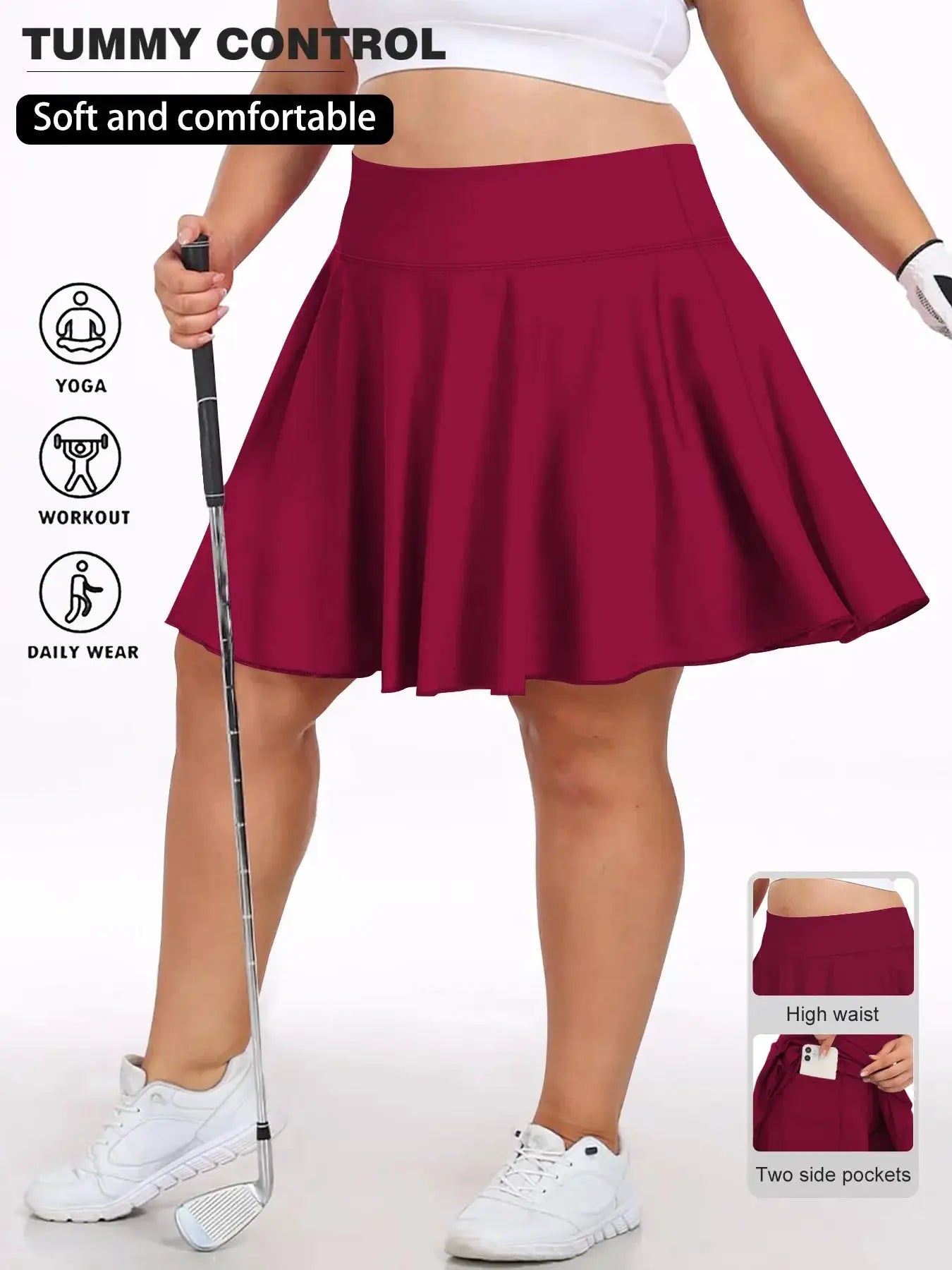 Simples Market plus-size women's high-waist burgundy pocket short skirt for gym workouts, two side pockets.