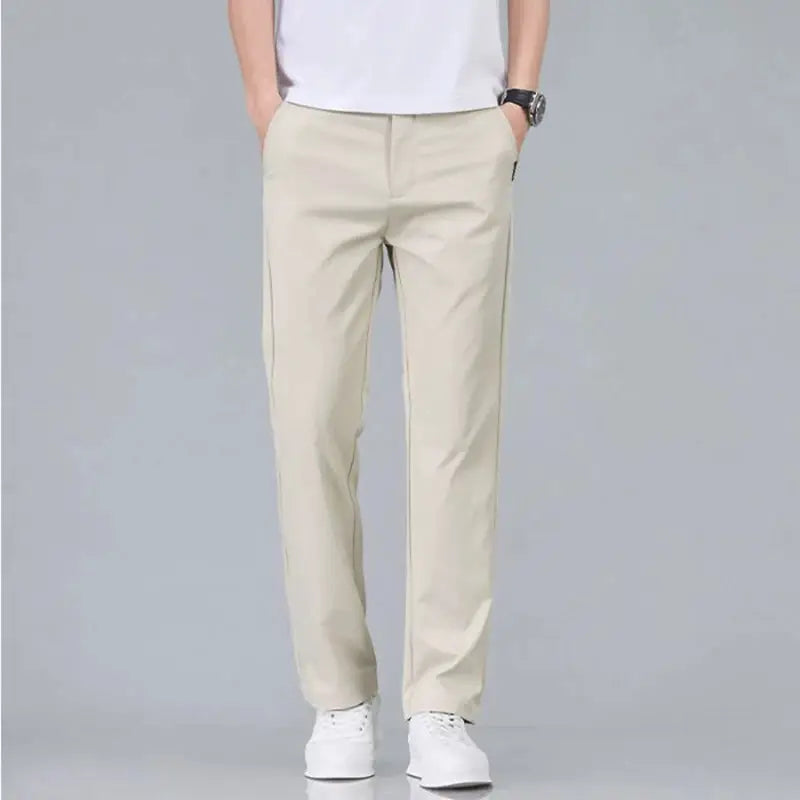 Men's beige stretch-cotton casual trousers, slim fit