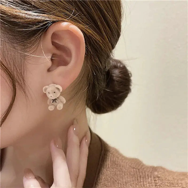 New Design Cute Flocking Plush Rabbit Stud Earrings For Women Korean Fashion Brown Jewelry Gift Party