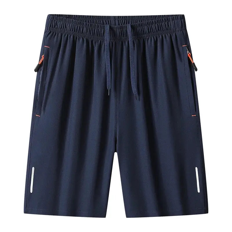 Men's navy quick-dry running shorts with drawstring, zip pockets and reflective accents