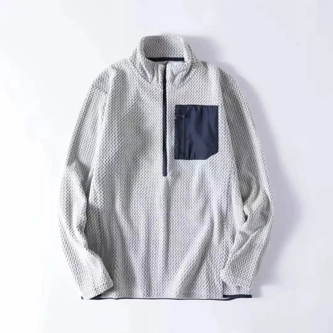 Semi-zip fleece sweatshirt by Simples Market in gray with navy chest pocket and wavy texture