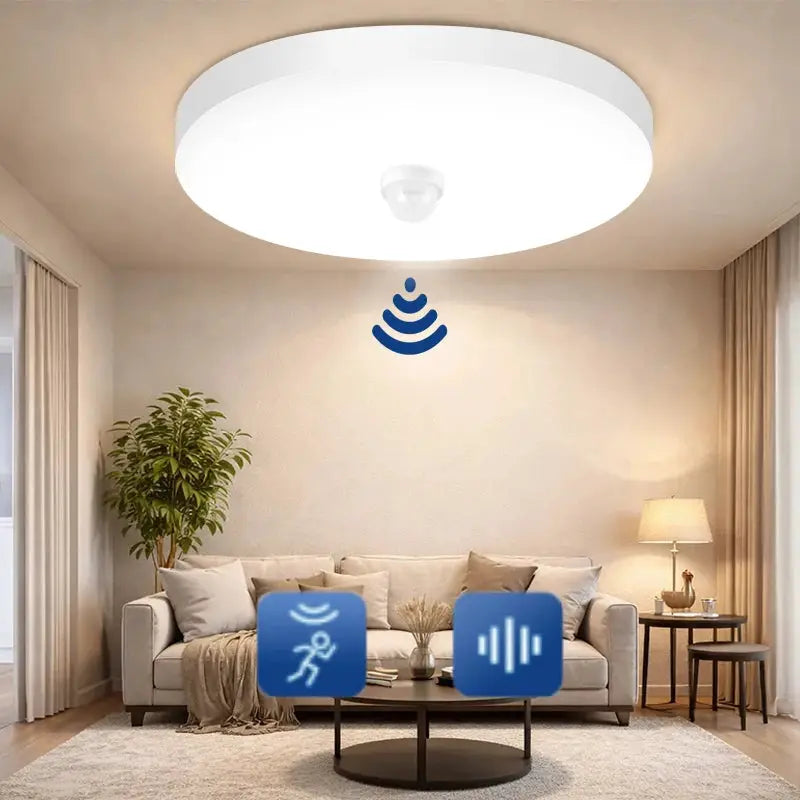 Motion sensor LED ceiling light by Simples Market, round white flush-mount fixture for modern interiors.