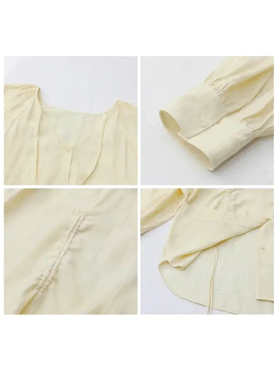 CHIC VEN women’s cream lace-up long-sleeve V-neck blouse with pleated raglan detail, Simples Market