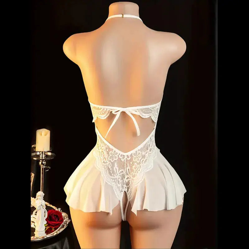 Velvet Lace Transparent Lingerie Set With Neck Hanging Bra And Thong One Piece Alluring Sheer Intimate Nights