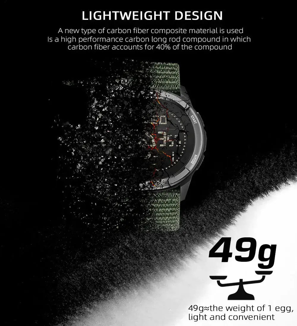 North Edge Alps digital carbon fiber watch with green strap, lightweight at 49g