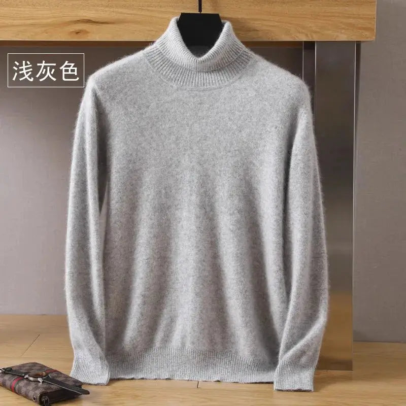 Men's light gray mink velvet cashmere sweater with ribbed high neck and long sleeves