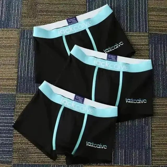 3-pack black cotton men's boxers with light blue waistband and piping
