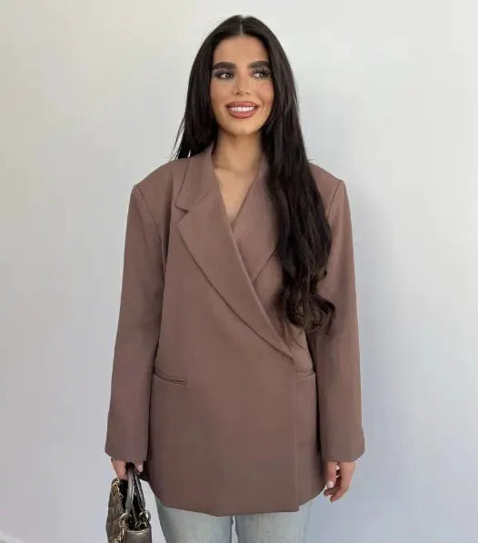 Ladies loose taupe blazer coat, solid casual formal with turn-down collar and single button