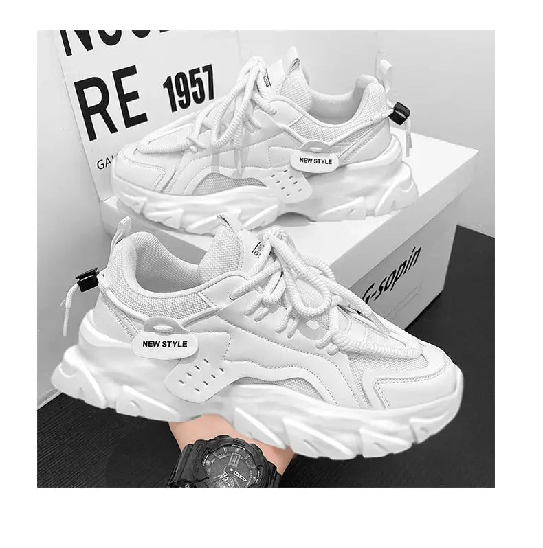 Men's white breathable casual sneakers with thick soles; 2 shown