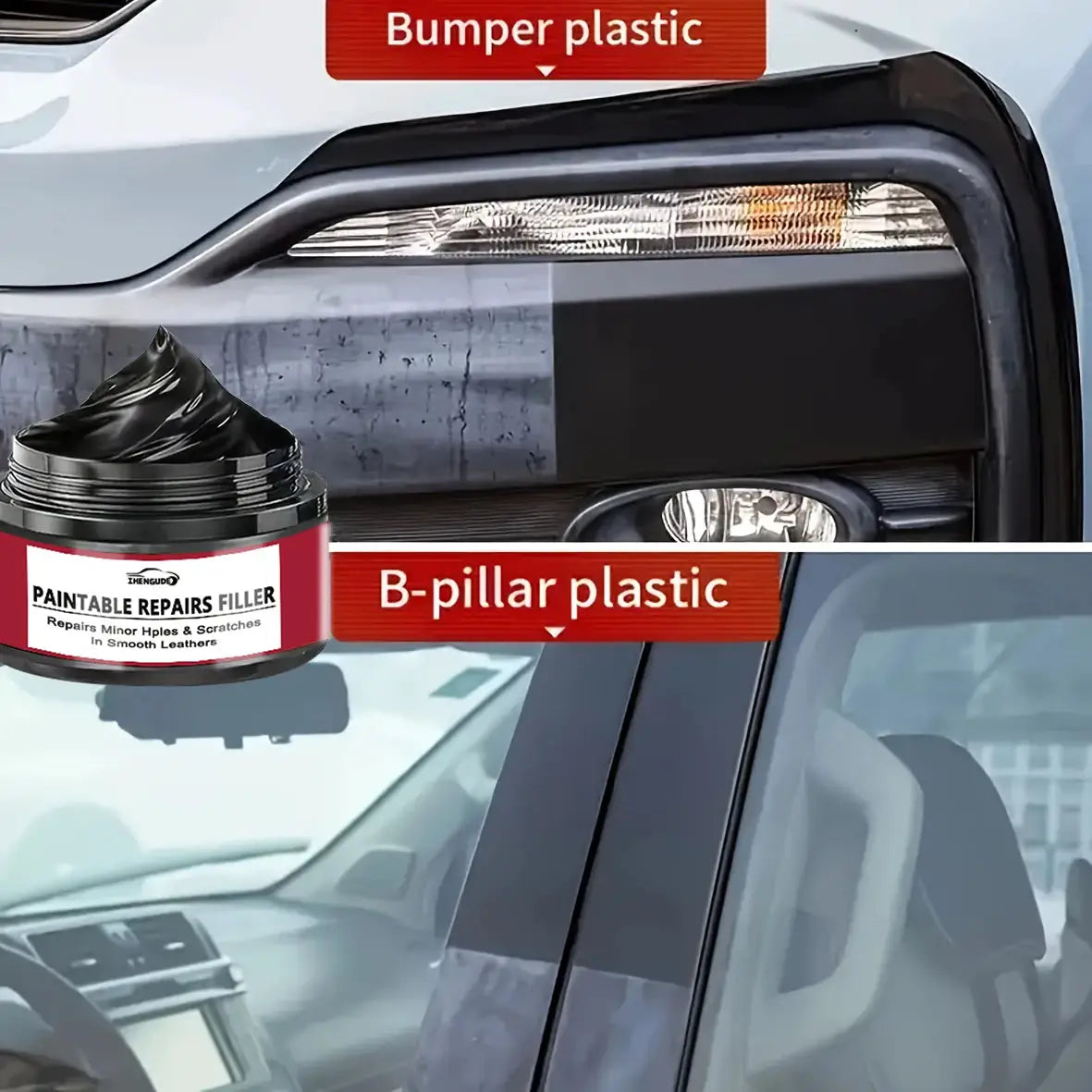 Simples Market car interior restoration wax for plastic components; black wax jar shown with bumper and B-pillar plastics.
