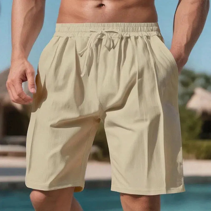 Men's beige quick-dry beach shorts with elastic drawstring waist, knee-length, side pockets, Simples Market