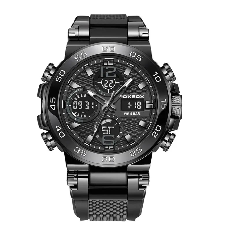 FOBOX men's black stainless steel wristwatch with analog-digital display, luminous markers, water resistant