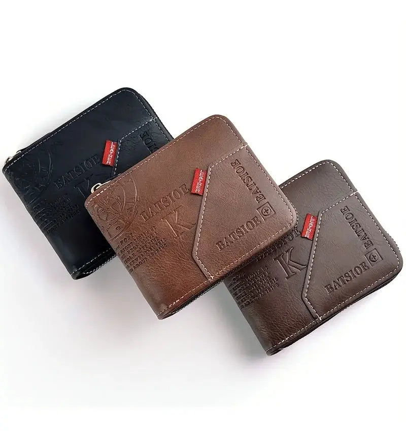 Men's PU wax oil skin wallets with zipper, Simples Market card holder set in black, brown, and tan (3-pack)