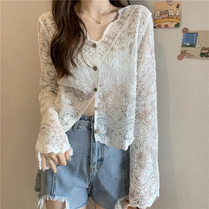 Simples Market white lace blouse, sheer floral long-sleeve top for summer casual wear
