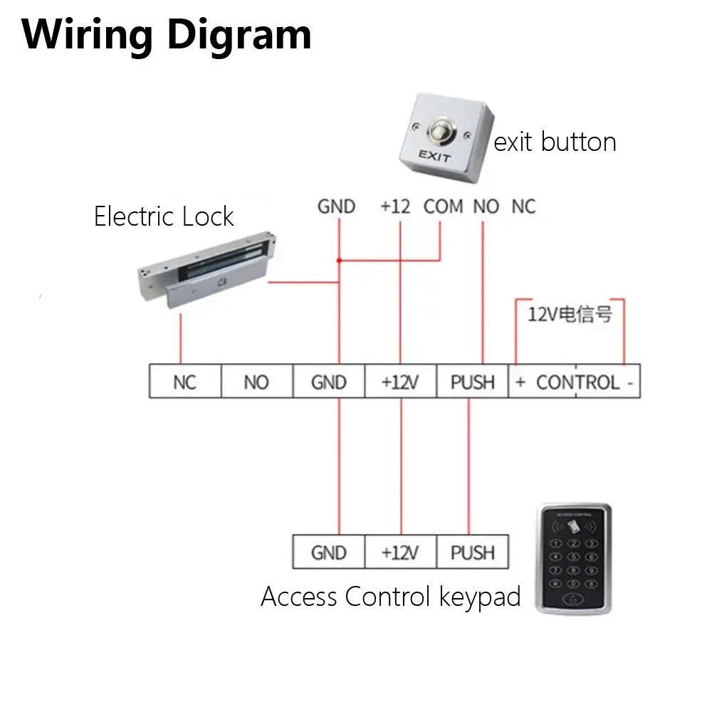 Exit button switch zinc alloy by Simples Market; silver push button with wiring diagram, three-item kit