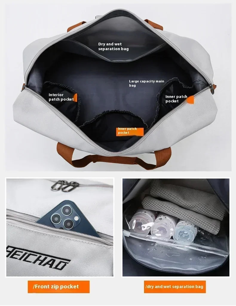 Simples Market large-capacity travel gym bag in gray with brown handles, waterproof, and multiple pockets.