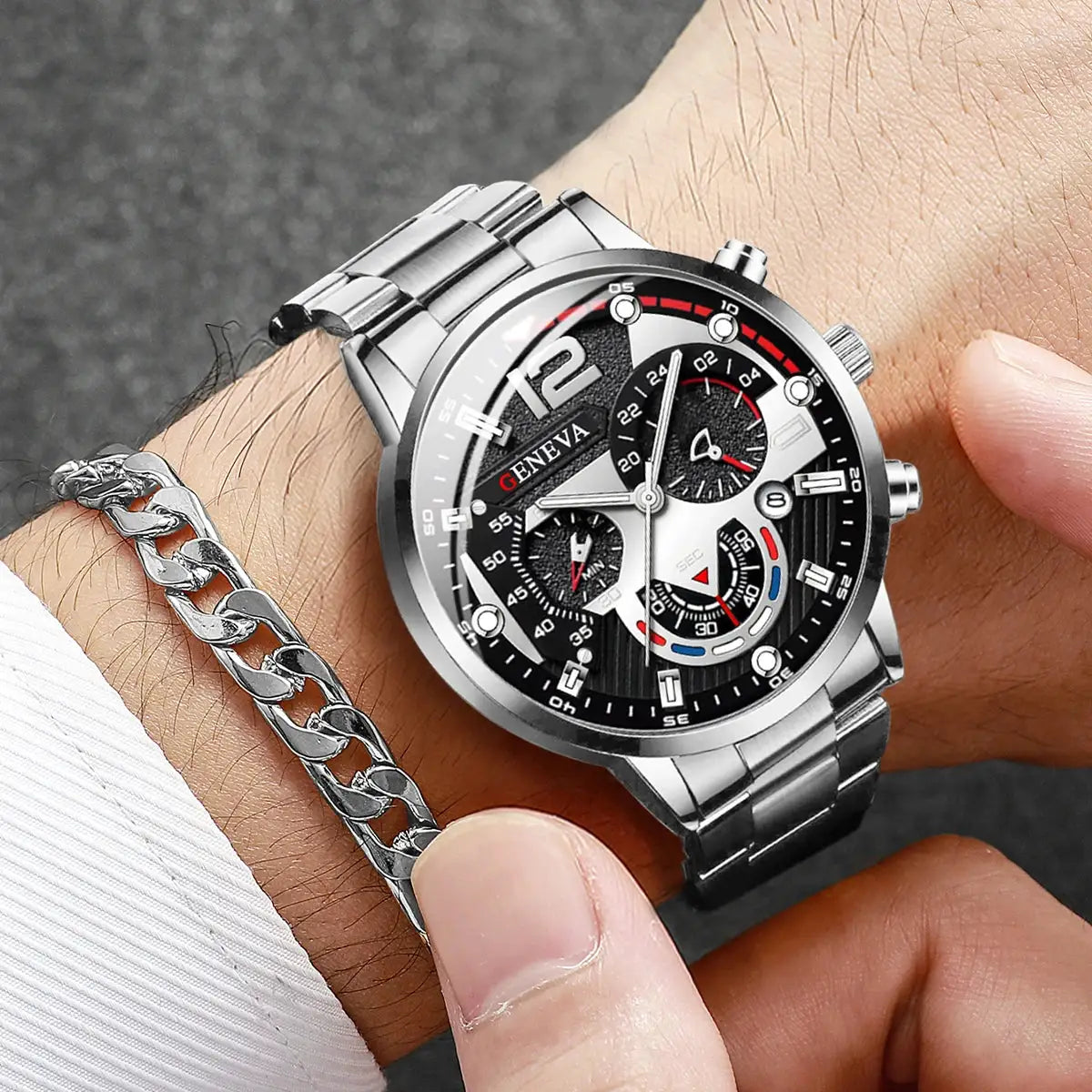 2-pack men's stainless steel watches set with analog quartz movement, Geneva branding on black dial