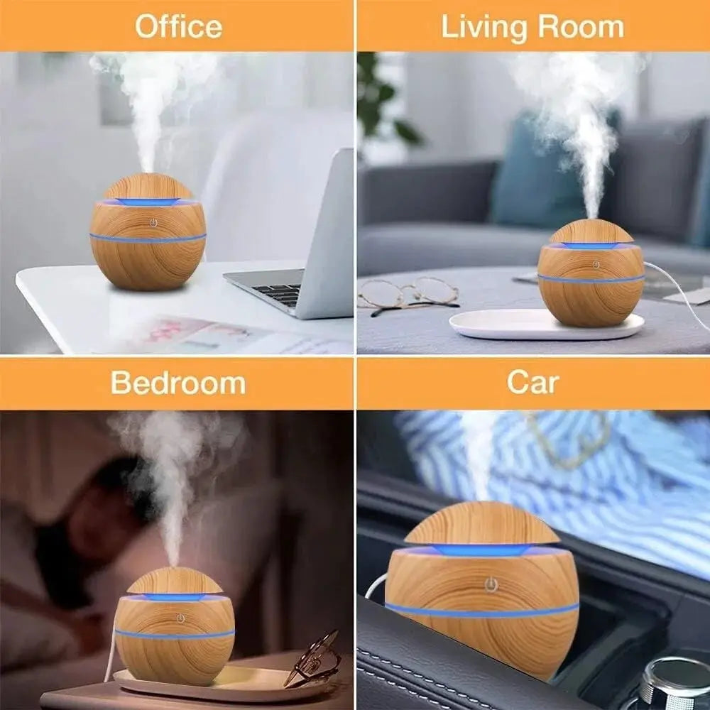 Wood Grain Ultrasonic Humidifier And Essential Oil Diffuser For Bedroom With Cool Mist Aromatherapy