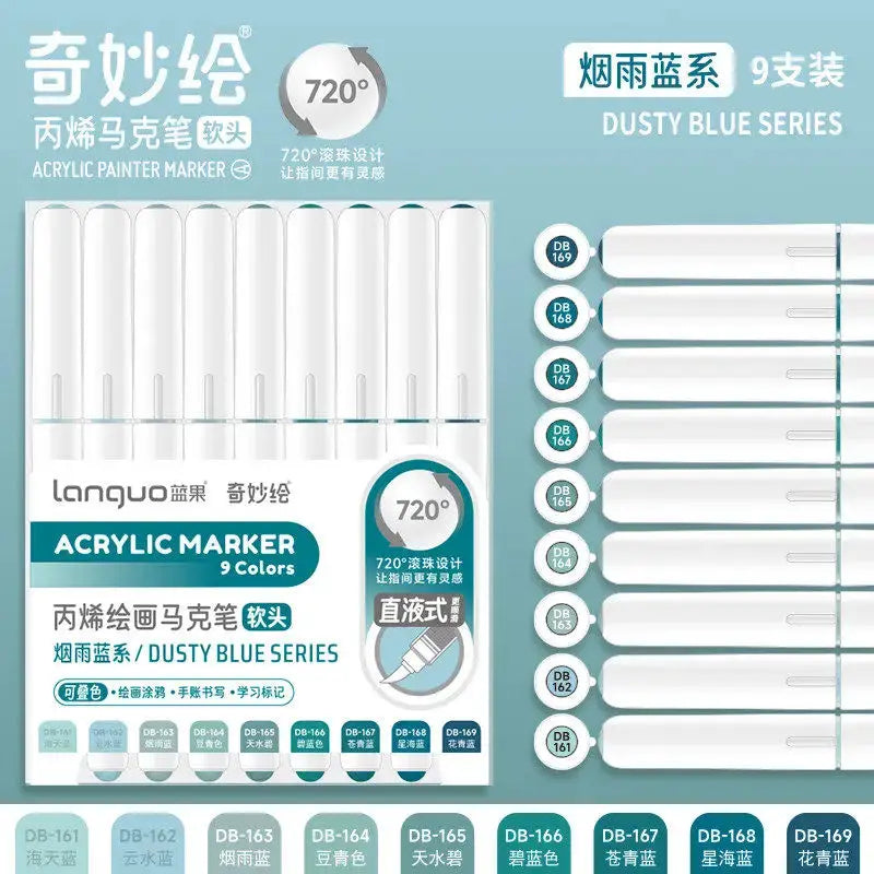 Acrylic marker set with soft brush tips, 9 markers in dusty blue series, Simples Market