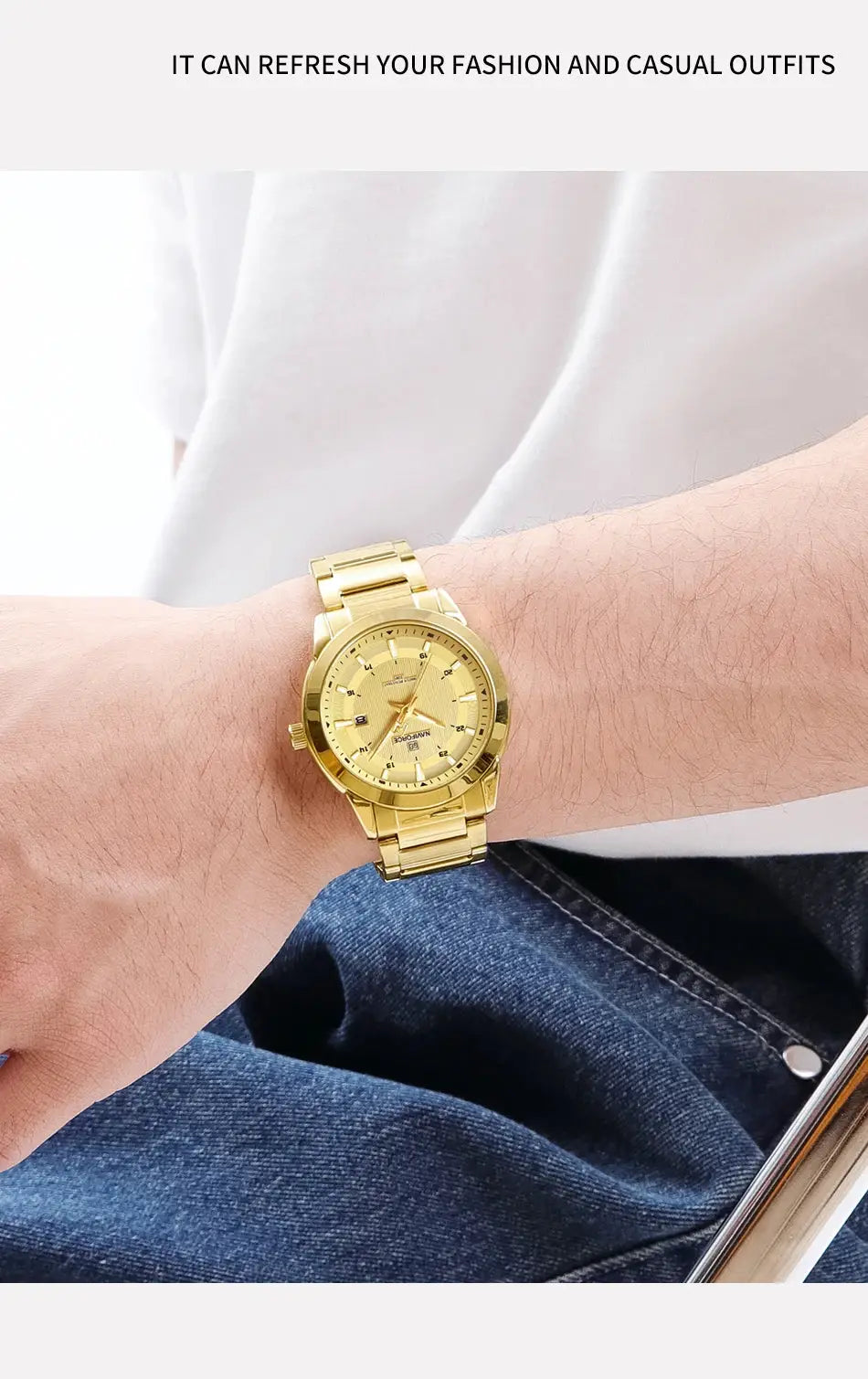 Naviforce men's gold-tone stainless steel wristwatch on a wrist with blue jeans
