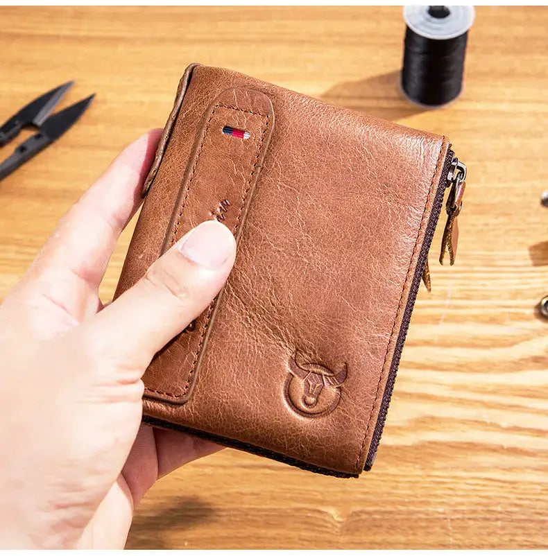 BULLCAPTAIN retro leather wallet for men; brown zipper wallet with front card slot and embossed bull logo