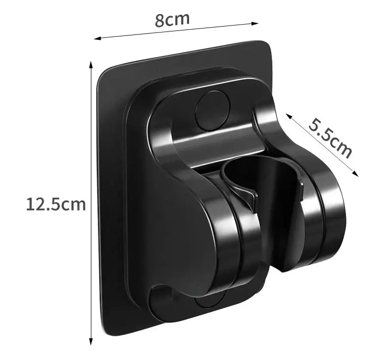 Perforation-free adjustable shower head bracket, black wall mount with curved hanging arms; 12.5 cm tall, 8 cm wide