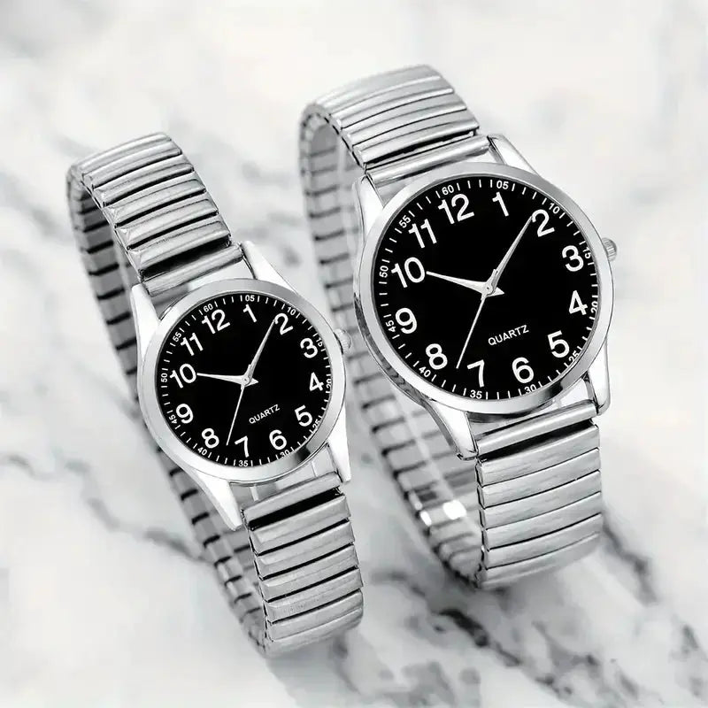 LuxeTime Quartz Watch Set For Men And Women With Black Dial Arabic Numerals And Elastic Alloy Band Gift Set