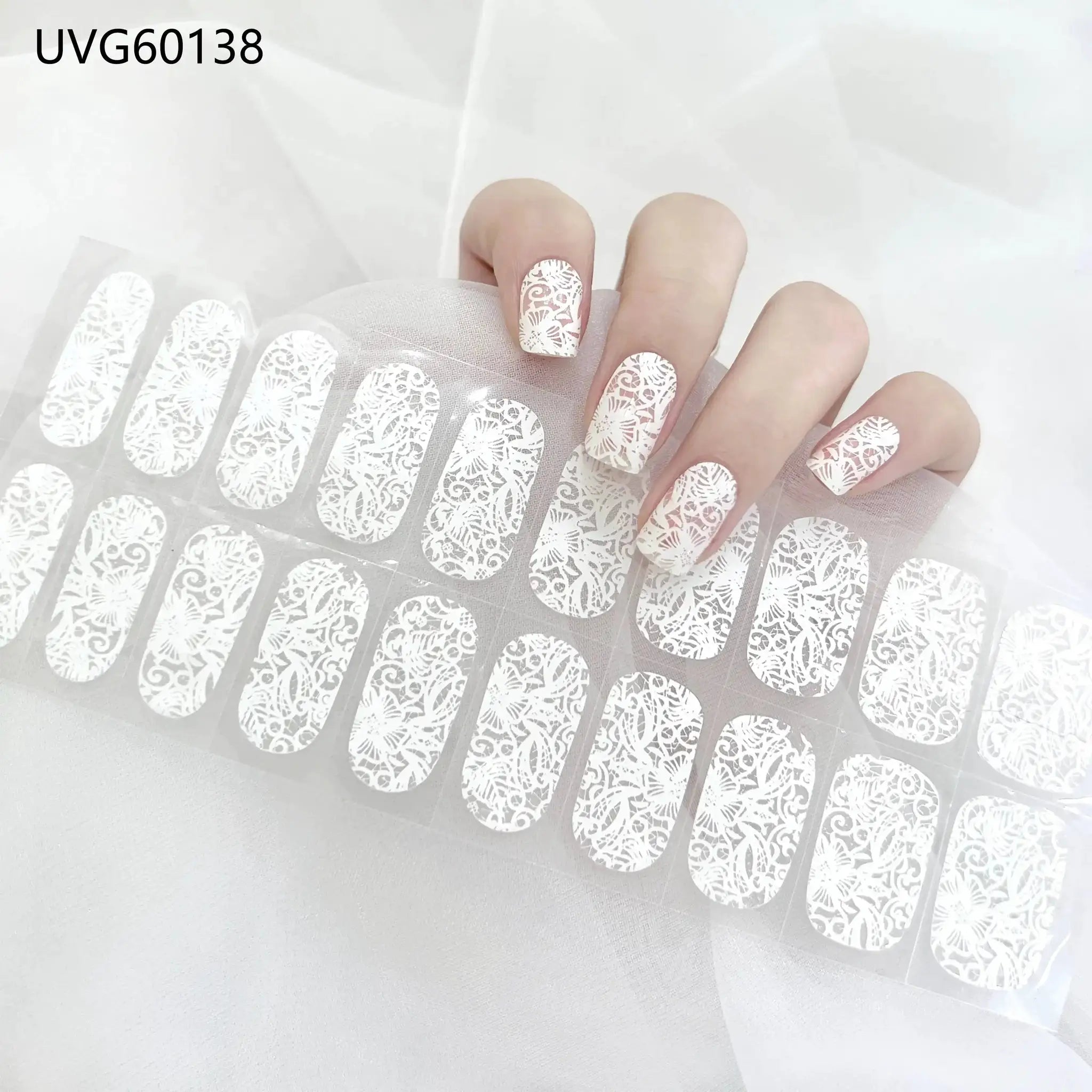 Simples Market white lace gel nail wraps; full-cover manicure stickers for DIY UV lamp use (16/20/22 tips)