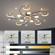 IRALAN modern ceiling chandelier with gold ring accents, black arms and crystal drops