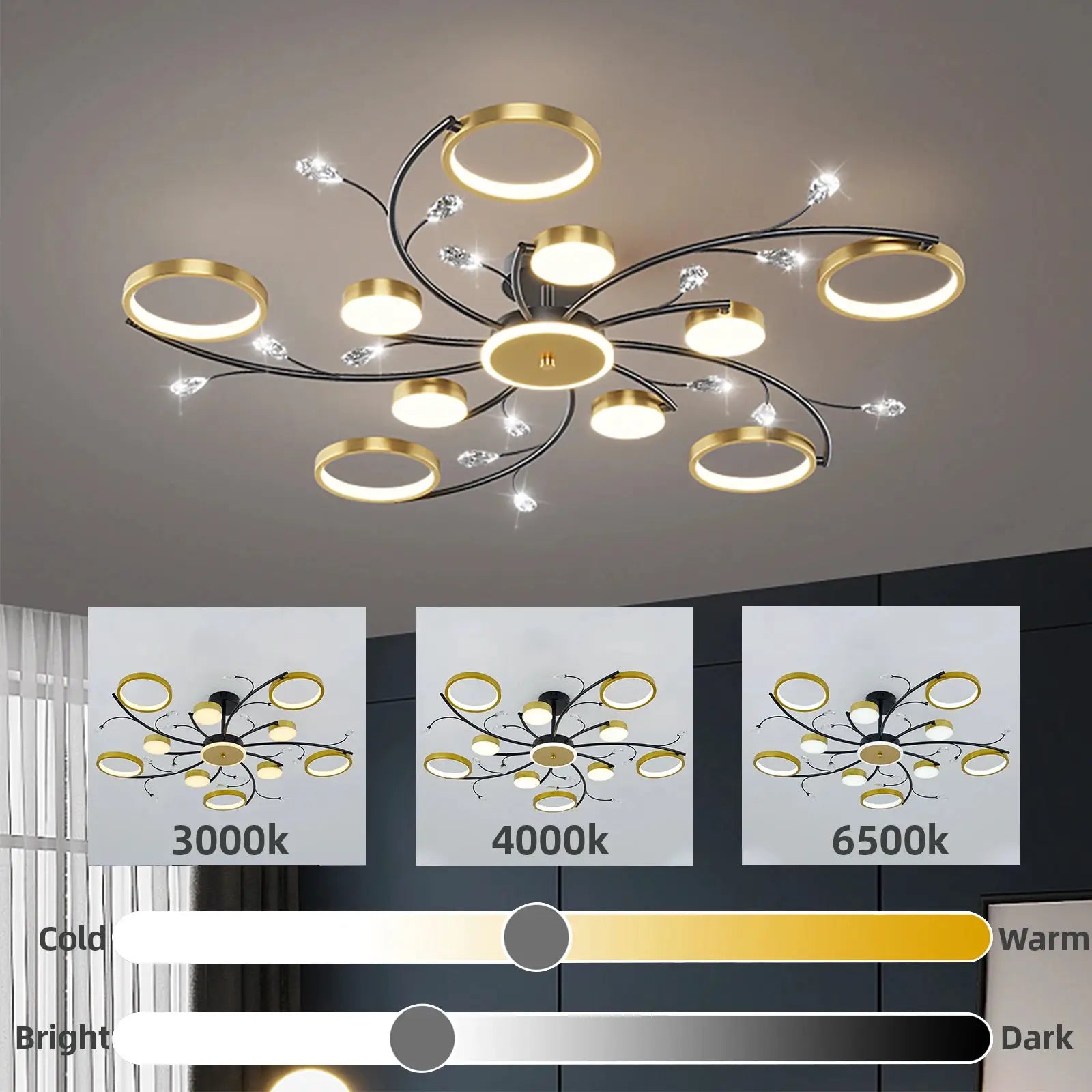 IRALAN modern ceiling chandelier with gold ring accents, black arms and crystal drops