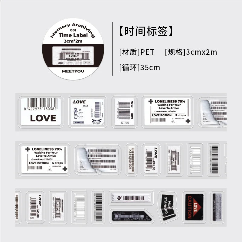 Decorative adhesive tapes set for memory filing and journaling by Simples Market; assorted black-and-white label tapes for scrapbooking