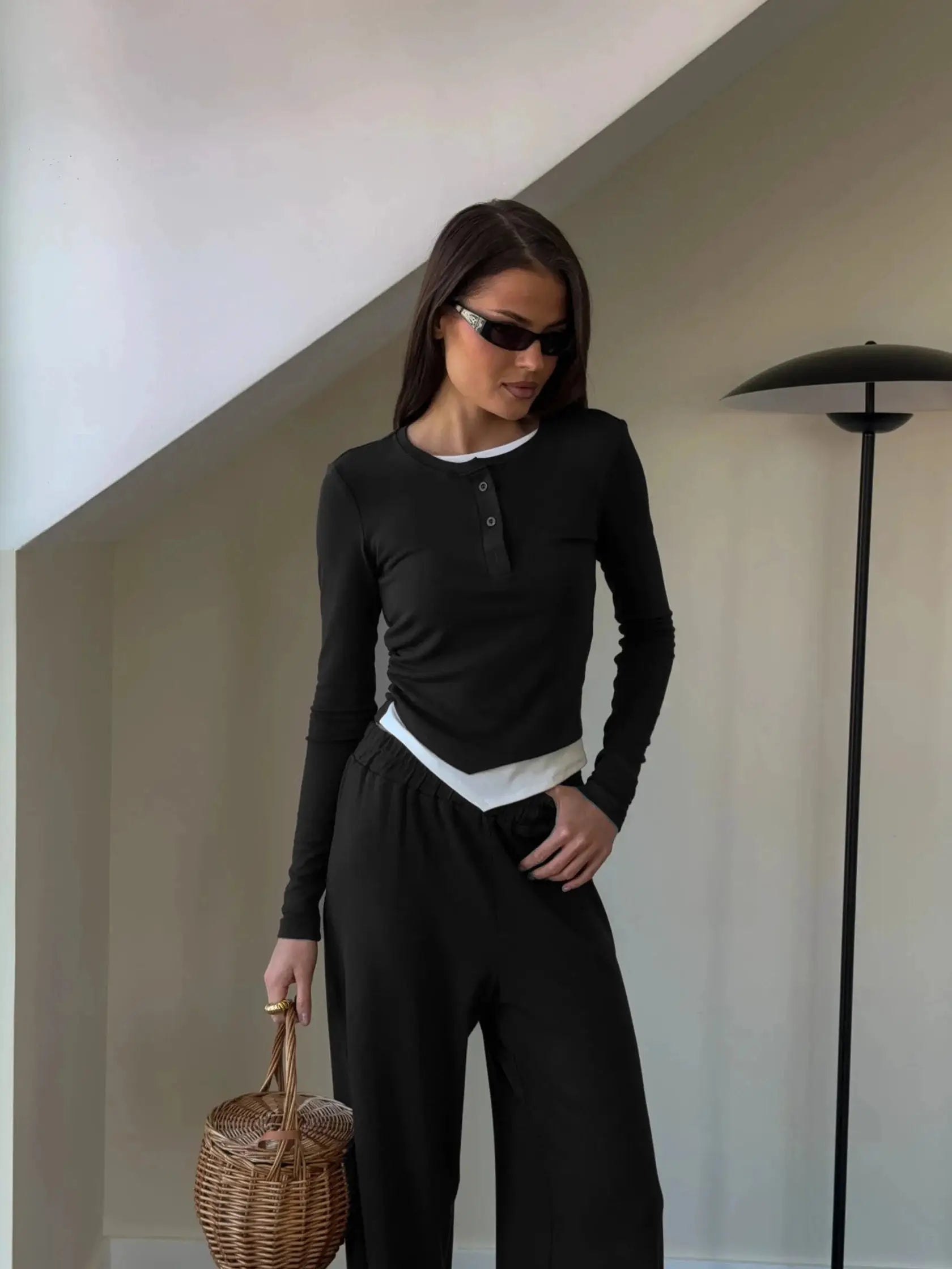 Hirsionsan Modal Soft Loose Set Women Long Sleeve Top High Waist Pants