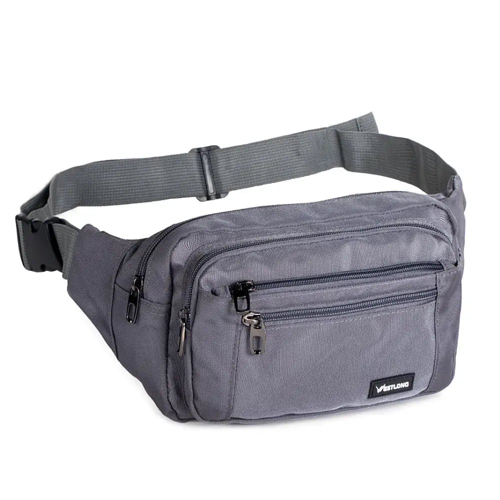 Grey fabric waist bag with multiple zipped pockets and an adjustable strap; brand patch visible.