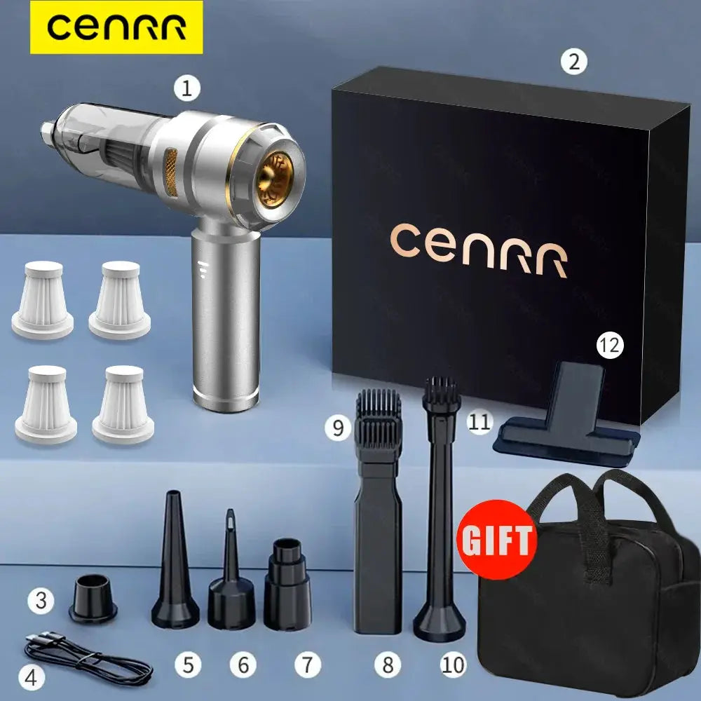 CENRR handheld car vacuum cleaner, silver with 12 accessory attachments and carrying bag