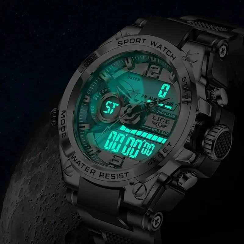 LIGE Men Military Digital Sport Watch with teal LED display, black metal case, 50m water resistant
