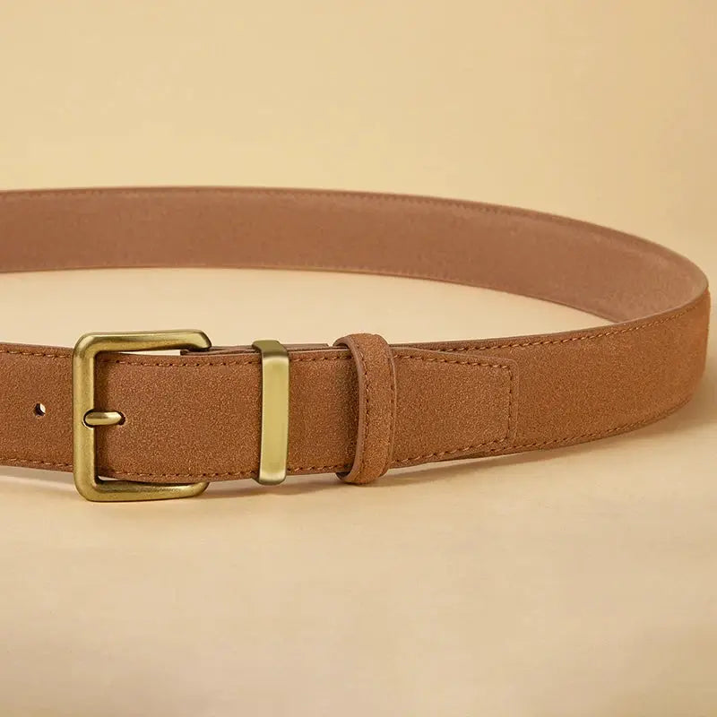 LuxeLine Luxury Suede Cowhide Leather Belt Vintage Gold Buckle Accessory For Dresses And Jeans Women