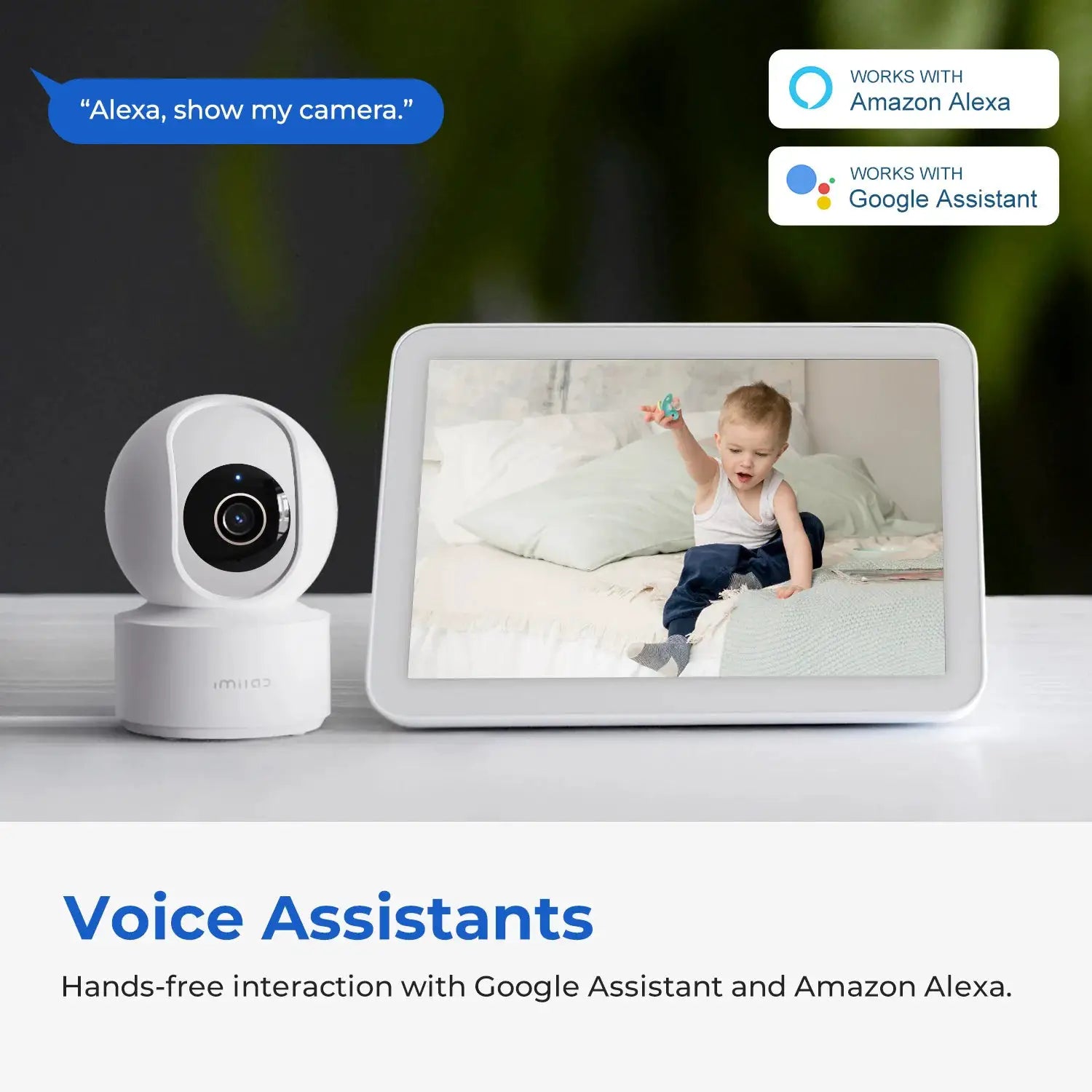 IMILAB baby monitor camera in white with AI night vision and 360° PTZ, beside a tablet with Alexa and Google Assistant.