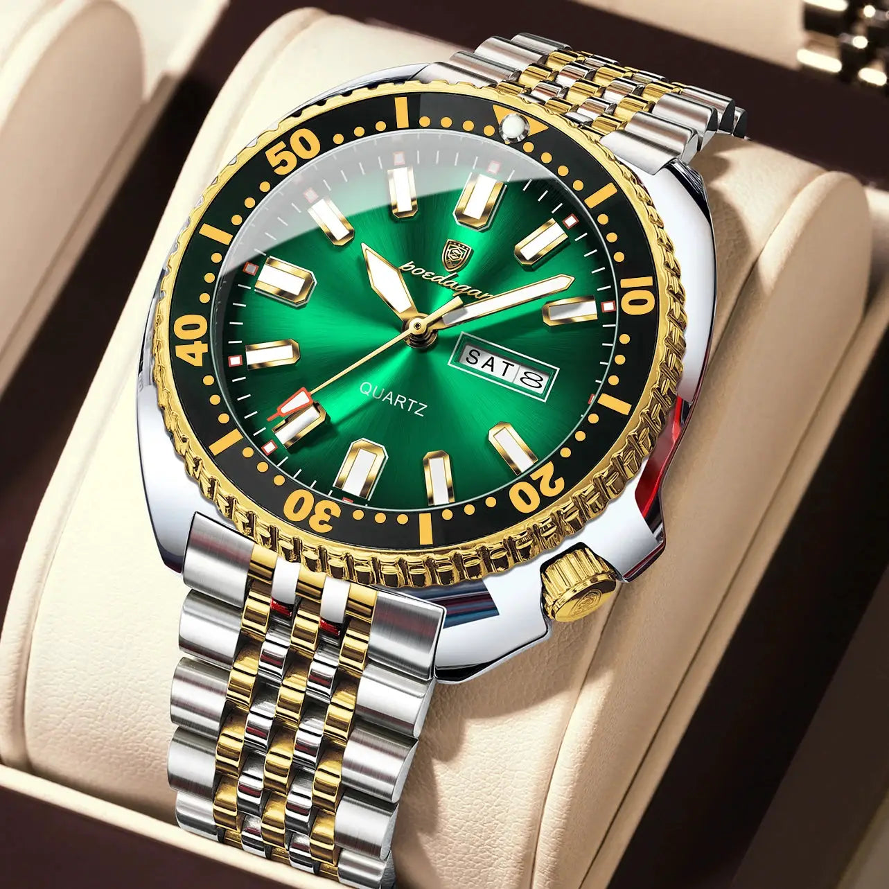 POEDAGAR luxury men's wristwatch with green dial, day-date window, gold bezel, two-tone stainless steel bracelet