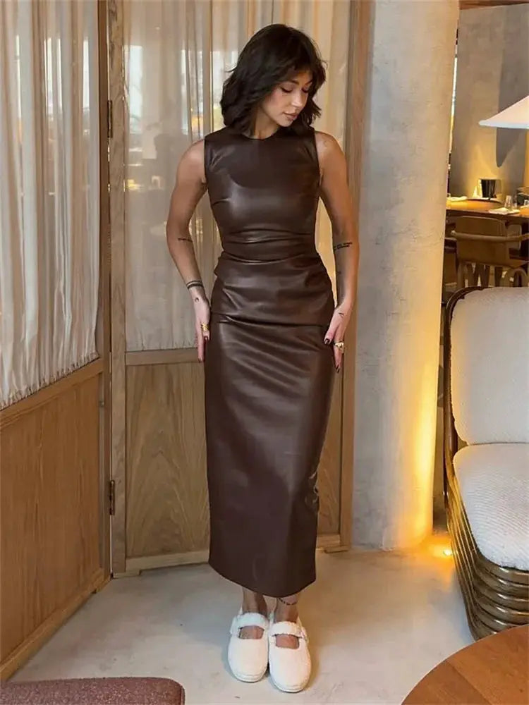 PU Leather Maxi Dress For Women High Waist Sleeveless Patchwork Bodycon Streetwear Flattering Slim Silhouette