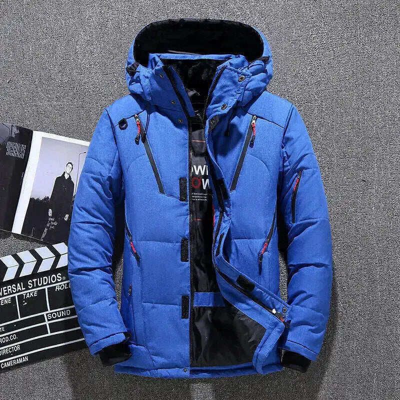 Simples Market blue men's hooded down jacket with quilted padding and multiple zip pockets