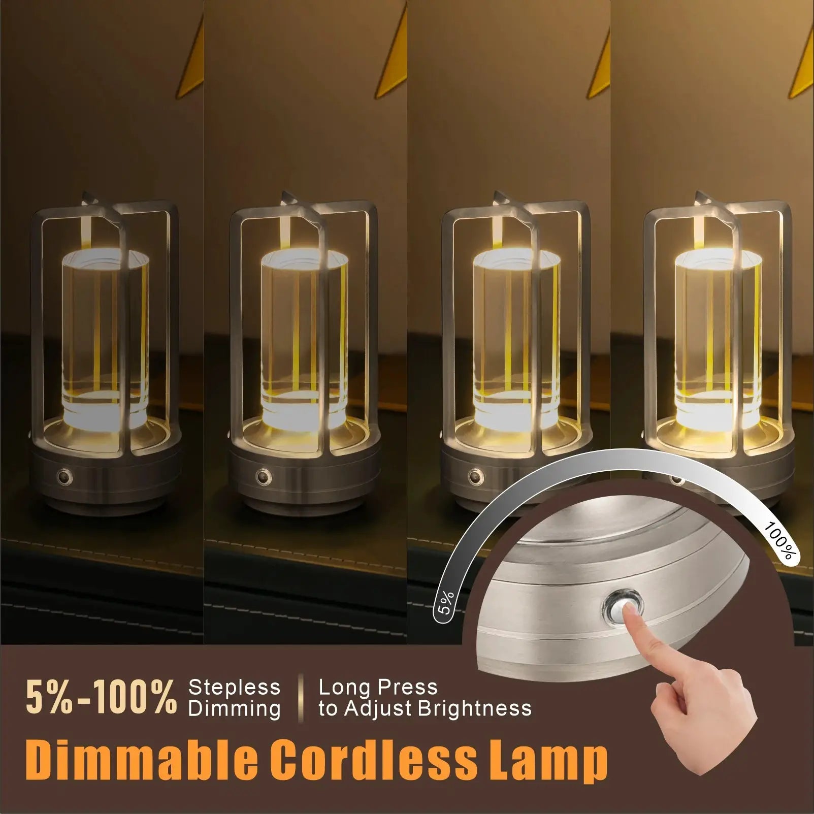 GGbingo cordless LED table lamp, four silver metal-frame units, dimmable 5%-100% brightness, Simples Market
