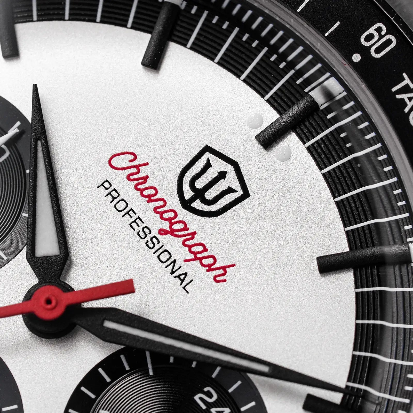 Watchdives WD1863 chronograph watch with red sweep second hand on silver dial and black bezel; W shield logo visible