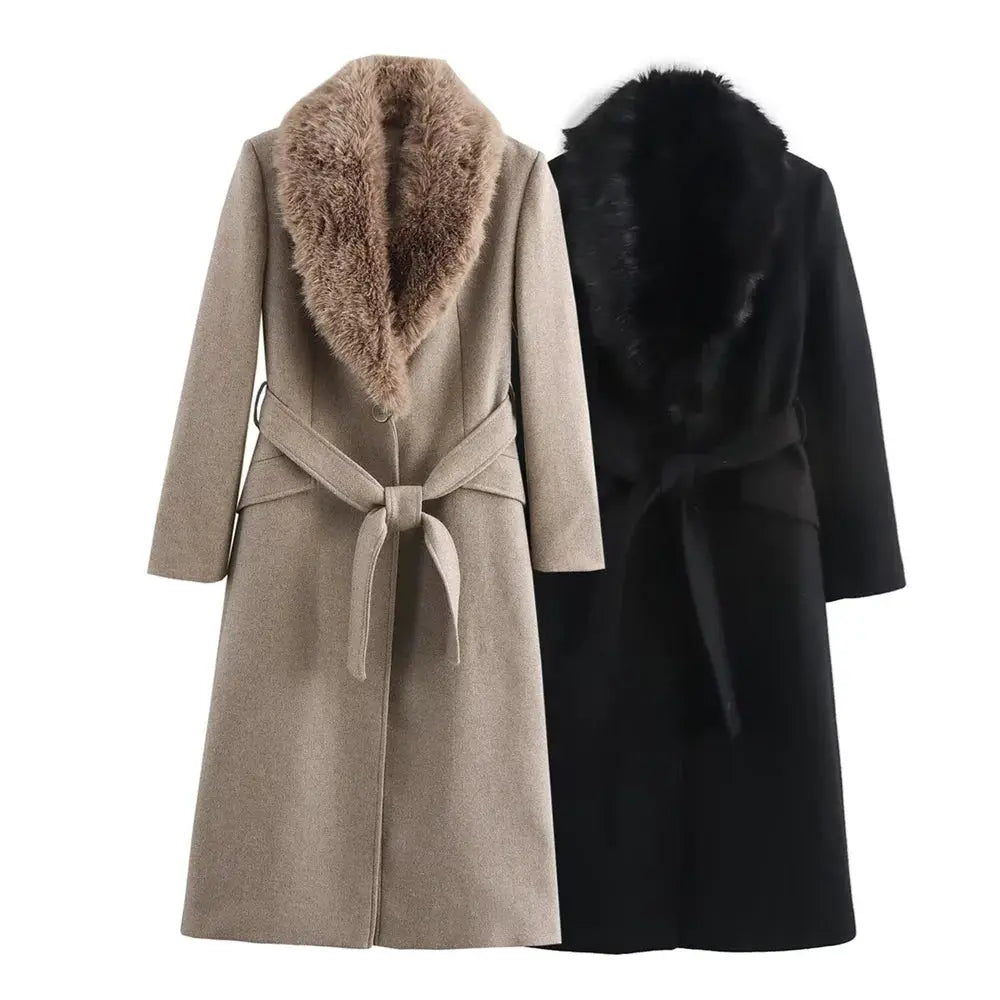 Women Aurora Belted Warm Fur Collar Coat Luxurious Style With Slimming Wide Waist For Autumn And Winter