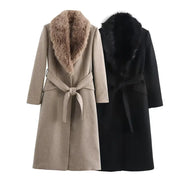 Women Aurora Belted Warm Fur Collar Coat Luxurious Style With Slimming Wide Waist For Autumn And Winter
