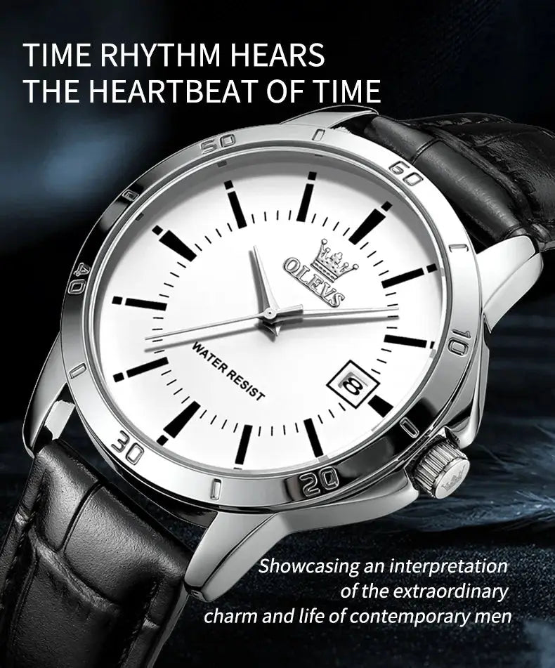 OLEVS men's black leather strap wristwatch with white dial, stainless steel case, calendar date window