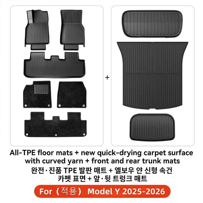 Car floor mat set for Model Y 2025–2026 by Simples Market, all-TPE, black; front, rear and trunk mats